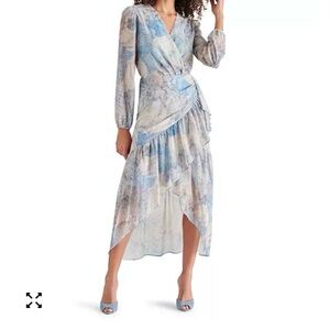 Steve Madden Light Blue Multi-Print High-Low Faux Wrap Dress size 12